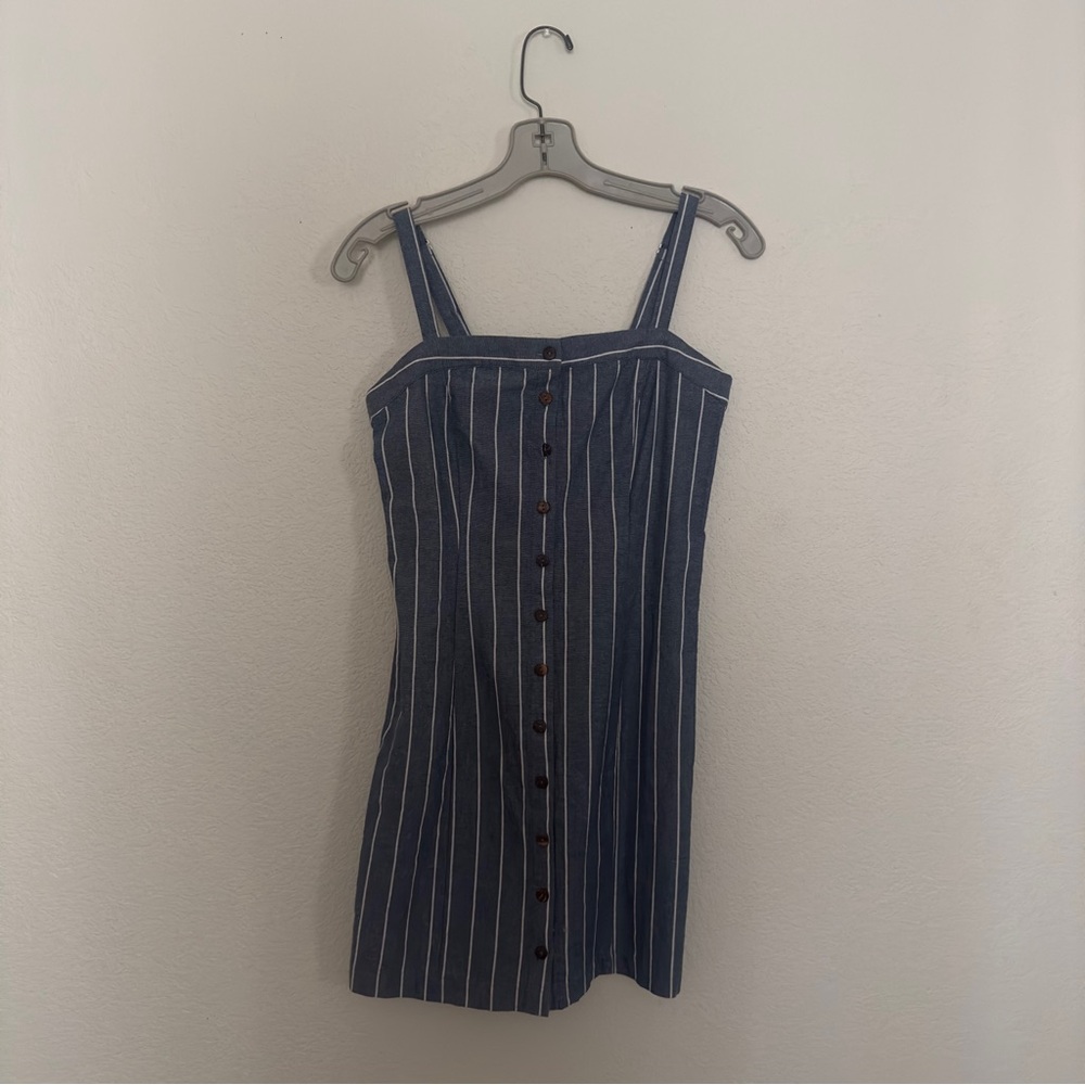 Blue striped button-down dress with adjustable straps